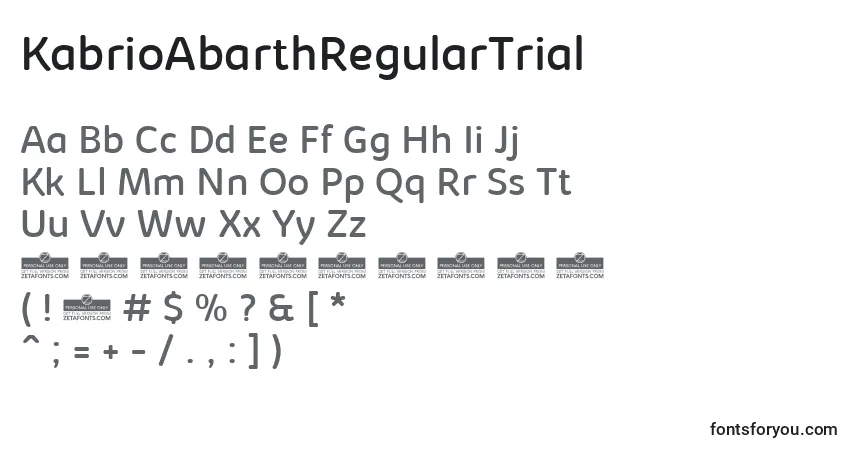 Czcionka KabrioAbarthRegularTrial – alfabet, cyfry, specjalne znaki