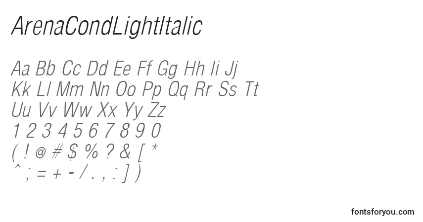 Шрифт ArenaCondLightItalic – алфавит, цифры, специальные символы