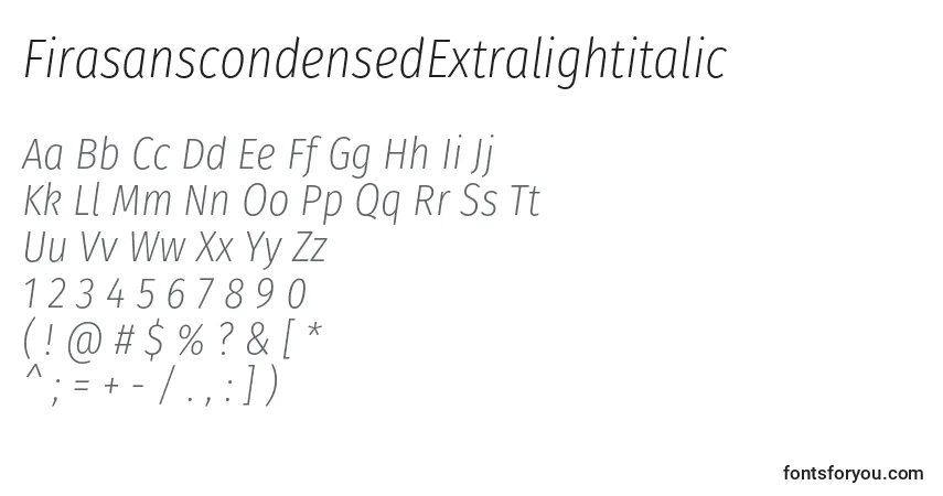 Schriftart FirasanscondensedExtralightitalic – Alphabet, Zahlen, spezielle Symbole