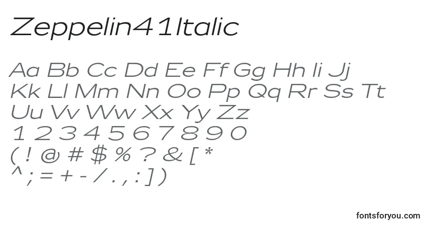 Czcionka Zeppelin41Italic – alfabet, cyfry, specjalne znaki
