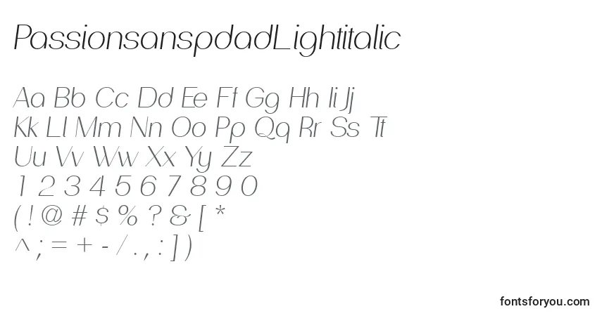 Schriftart PassionsanspdadLightitalic – Alphabet, Zahlen, spezielle Symbole