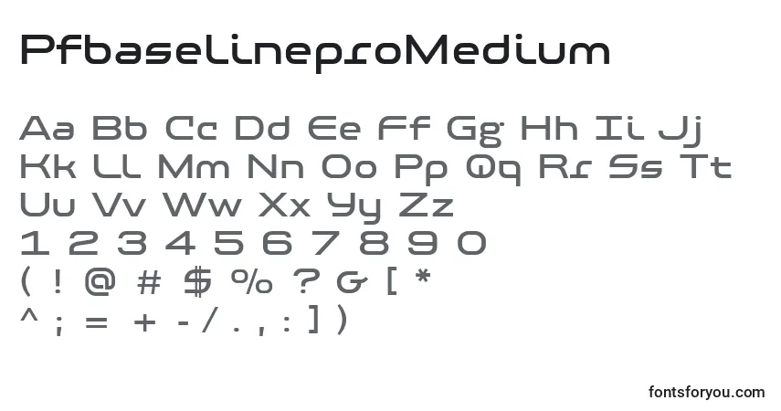 A fonte PfbaselineproMedium – alfabeto, números, caracteres especiais