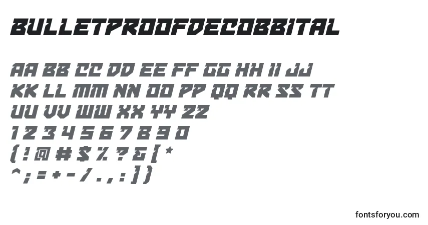 Шрифт BulletproofdecobbItal – алфавит, цифры, специальные символы