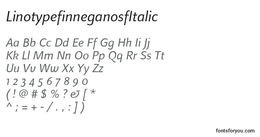 A fonte LinotypefinneganosfItalic – alfabeto, números, caracteres especiais