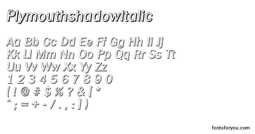 Czcionka PlymouthshadowItalic – alfabet, cyfry, specjalne znaki