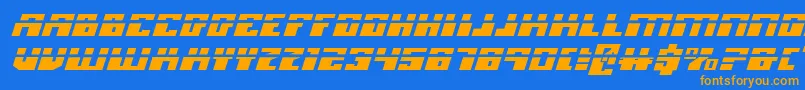 MicronianExpandedLaserItalic-Schriftart – Orangefarbene Schriften auf blauem Hintergrund
