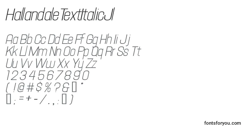 Czcionka HallandaleTextItalicJl – alfabet, cyfry, specjalne znaki