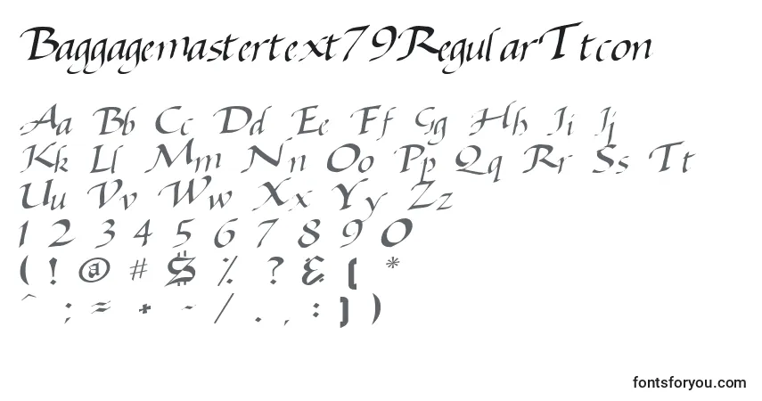 A fonte Baggagemastertext79RegularTtcon – alfabeto, números, caracteres especiais
