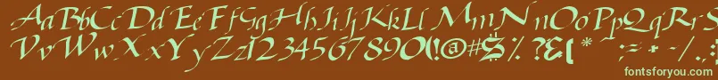 フォントBaggagemastertext79RegularTtcon – 緑色の文字が茶色の背景にあります。