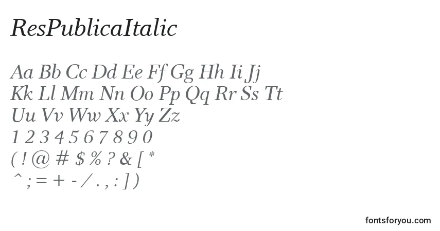 Czcionka ResPublicaItalic – alfabet, cyfry, specjalne znaki