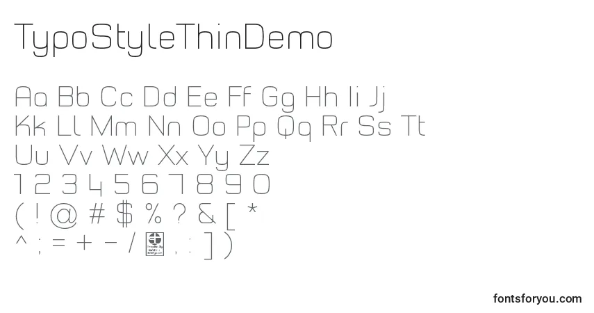 Шрифт TypoStyleThinDemo – алфавит, цифры, специальные символы