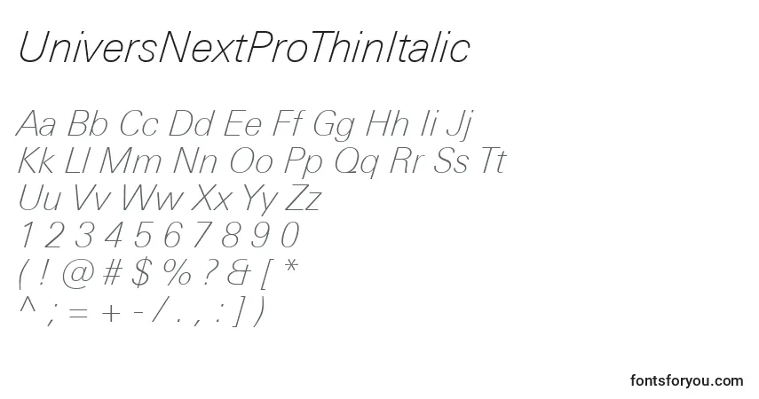 Schriftart UniversNextProThinItalic – Alphabet, Zahlen, spezielle Symbole