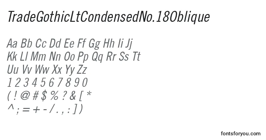 Czcionka TradeGothicLtCondensedNo.18Oblique – alfabet, cyfry, specjalne znaki