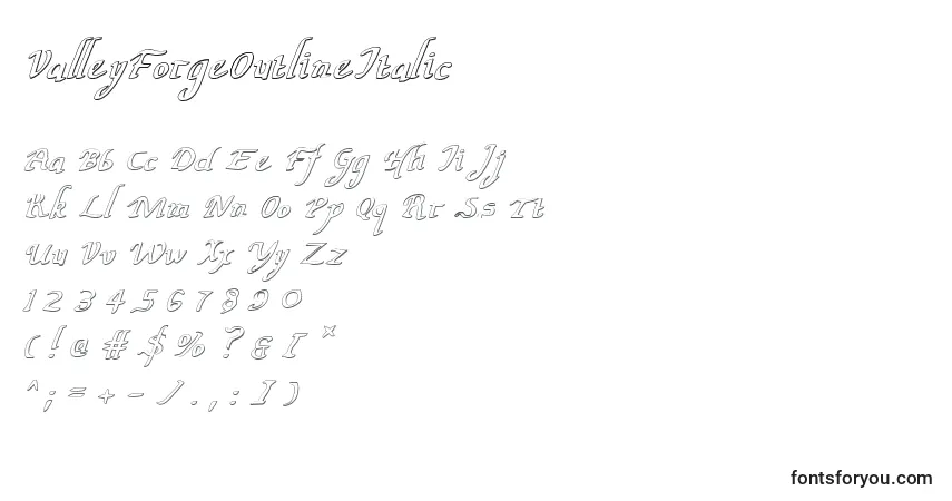 Шрифт ValleyForgeOutlineItalic – алфавит, цифры, специальные символы