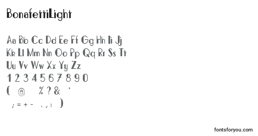 A fonte BonafettiLight – alfabeto, números, caracteres especiais