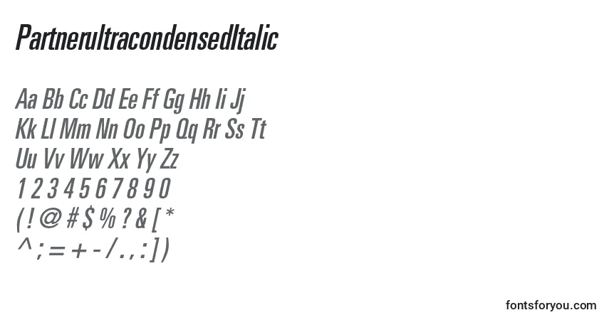 Шрифт PartnerultracondensedItalic – алфавит, цифры, специальные символы