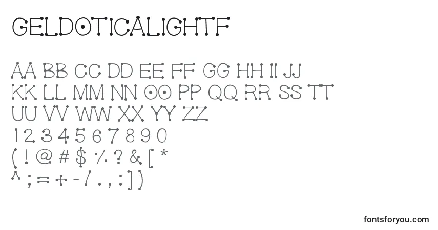 Czcionka Geldoticalightf – alfabet, cyfry, specjalne znaki