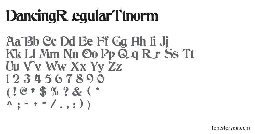 Czcionka DancingRegularTtnorm – alfabet, cyfry, specjalne znaki