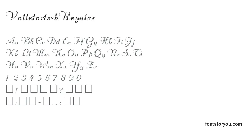 Czcionka ValletortsskRegular – alfabet, cyfry, specjalne znaki