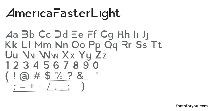 Czcionka AmericaFasterLight – alfabet, cyfry, specjalne znaki