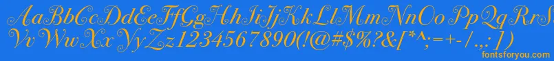 Bodoni72swashc-Schriftart – Orangefarbene Schriften auf blauem Hintergrund