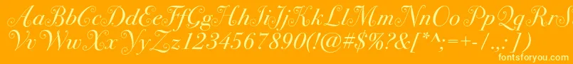 Bodoni72swashc-Schriftart – Gelbe Schriften auf orangefarbenem Hintergrund