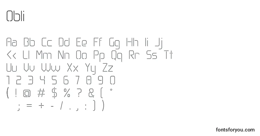 Czcionka Obli – alfabet, cyfry, specjalne znaki