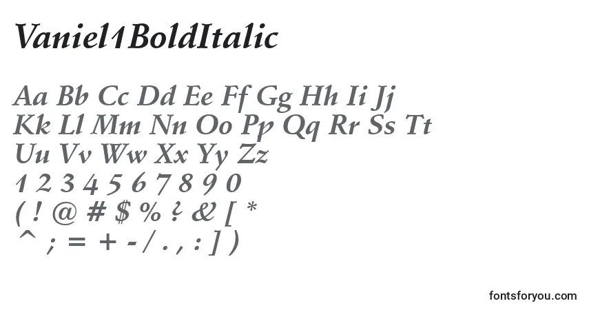 Czcionka Vaniel1BoldItalic – alfabet, cyfry, specjalne znaki