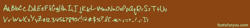 フォントMisterspicydos – 緑色の文字が茶色の背景にあります。