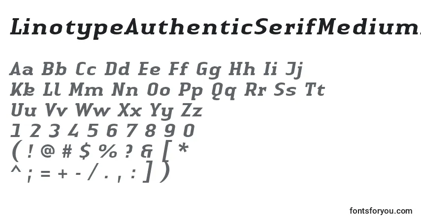 A fonte LinotypeAuthenticSerifMediumitalic – alfabeto, números, caracteres especiais