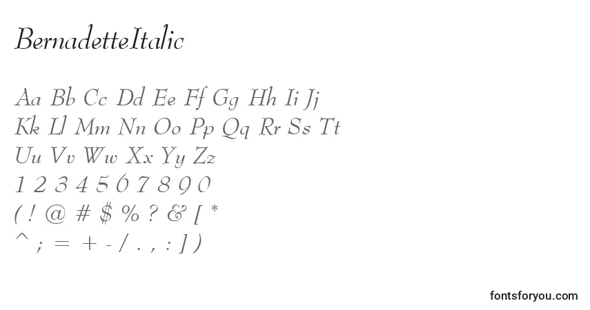 A fonte BernadetteItalic – alfabeto, números, caracteres especiais