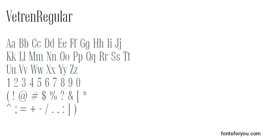 Schriftart VetrenRegular – Alphabet, Zahlen, spezielle Symbole
