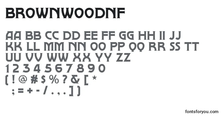 A fonte Brownwoodnf – alfabeto, números, caracteres especiais