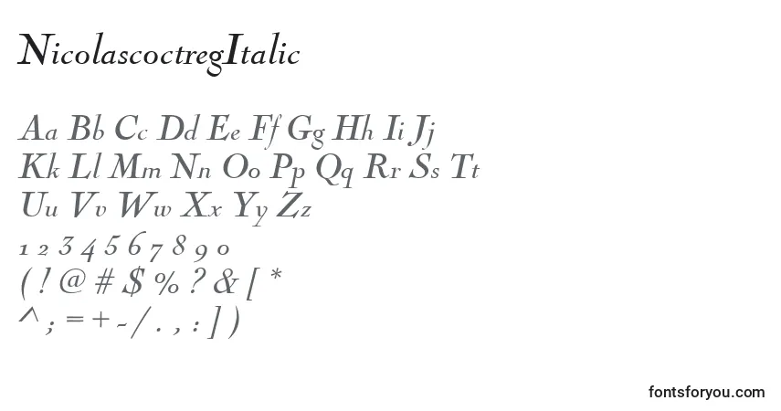 Шрифт NicolascoctregItalic – алфавит, цифры, специальные символы