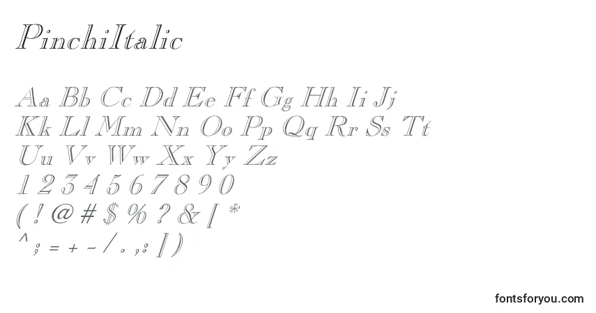 A fonte PinchiItalic – alfabeto, números, caracteres especiais