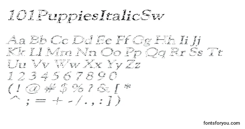Czcionka 101PuppiesItalicSw – alfabet, cyfry, specjalne znaki