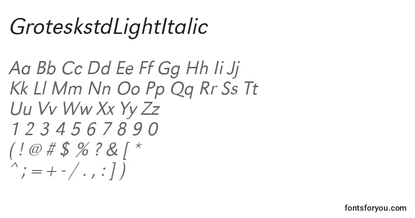 Czcionka GroteskstdLightItalic – alfabet, cyfry, specjalne znaki