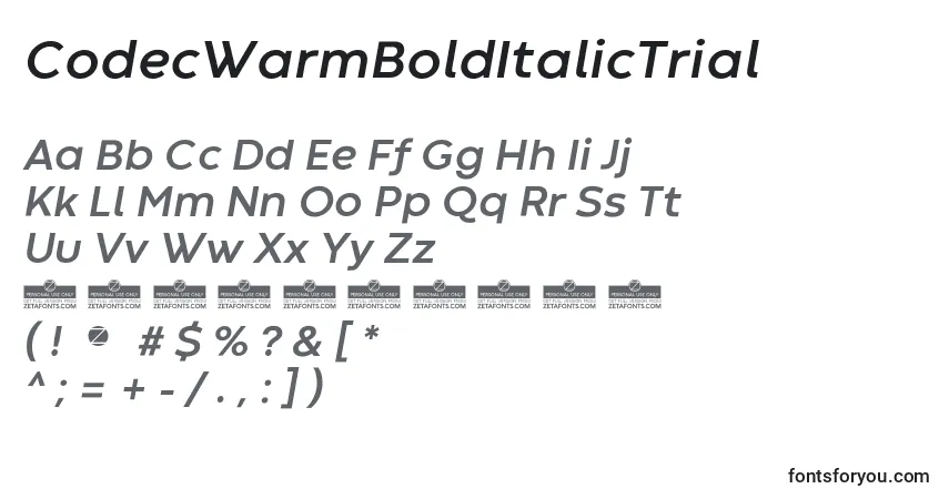 A fonte CodecWarmBoldItalicTrial – alfabeto, números, caracteres especiais