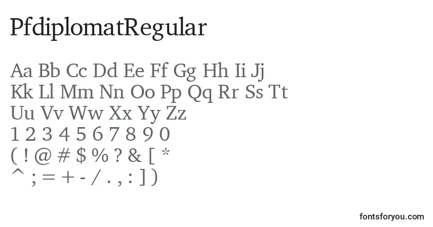 Schriftart PfdiplomatRegular – Alphabet, Zahlen, spezielle Symbole