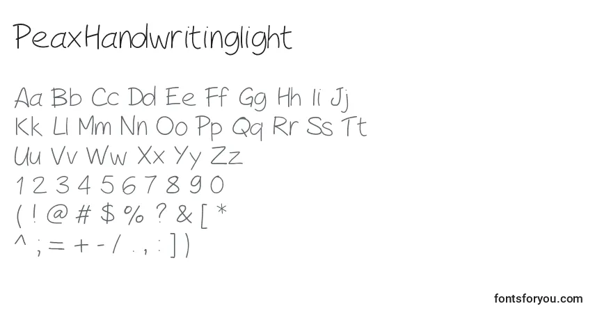 A fonte PeaxHandwritinglight – alfabeto, números, caracteres especiais