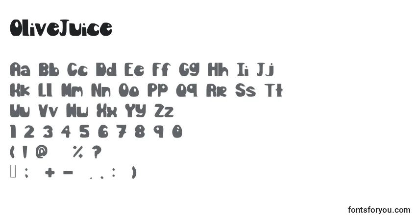 Czcionka OliveJuice – alfabet, cyfry, specjalne znaki