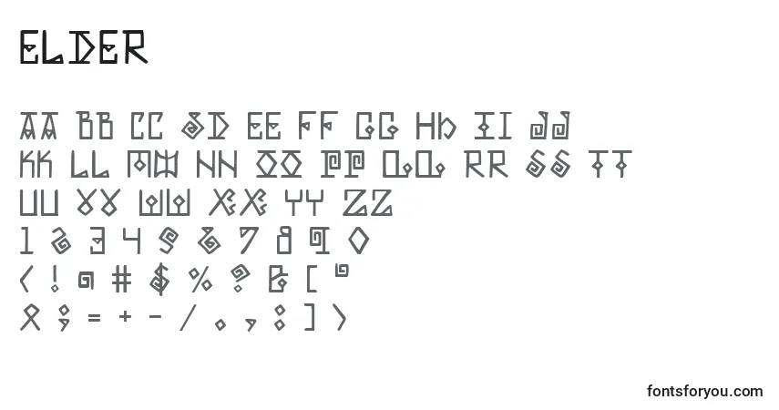 Czcionka Elder – alfabet, cyfry, specjalne znaki