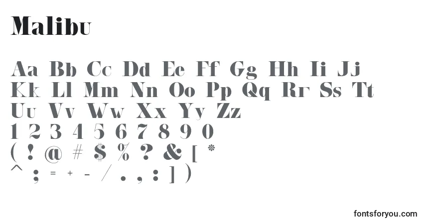 Malibu-fontti – aakkoset, numerot, erikoismerkit