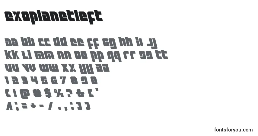 Czcionka Exoplanetleft – alfabet, cyfry, specjalne znaki