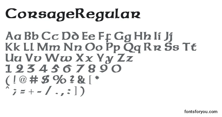 Шрифт CorsageRegular – алфавит, цифры, специальные символы