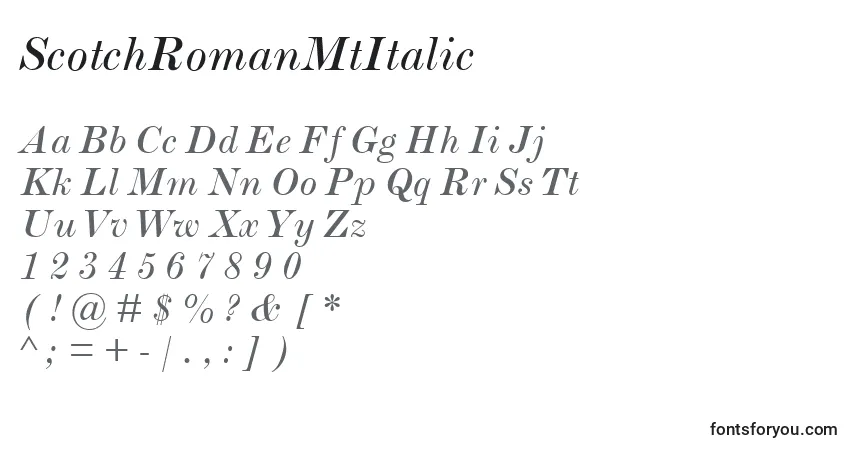 Czcionka ScotchRomanMtItalic – alfabet, cyfry, specjalne znaki