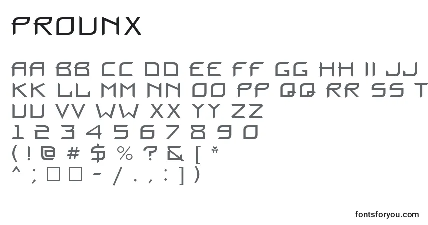 A fonte Prounx – alfabeto, números, caracteres especiais