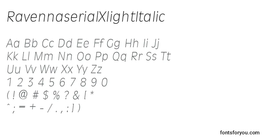 A fonte RavennaserialXlightItalic – alfabeto, números, caracteres especiais