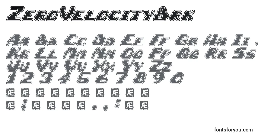 A fonte ZeroVelocityBrk – alfabeto, números, caracteres especiais