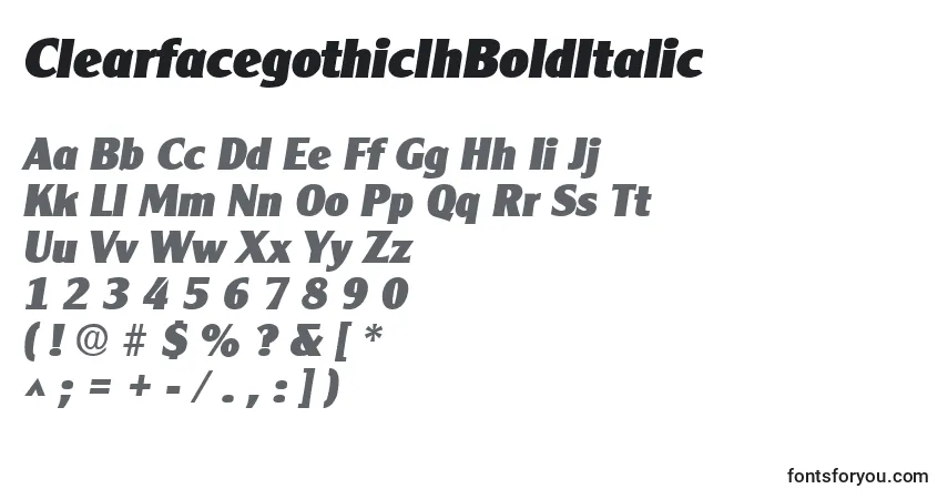 A fonte ClearfacegothiclhBoldItalic – alfabeto, números, caracteres especiais